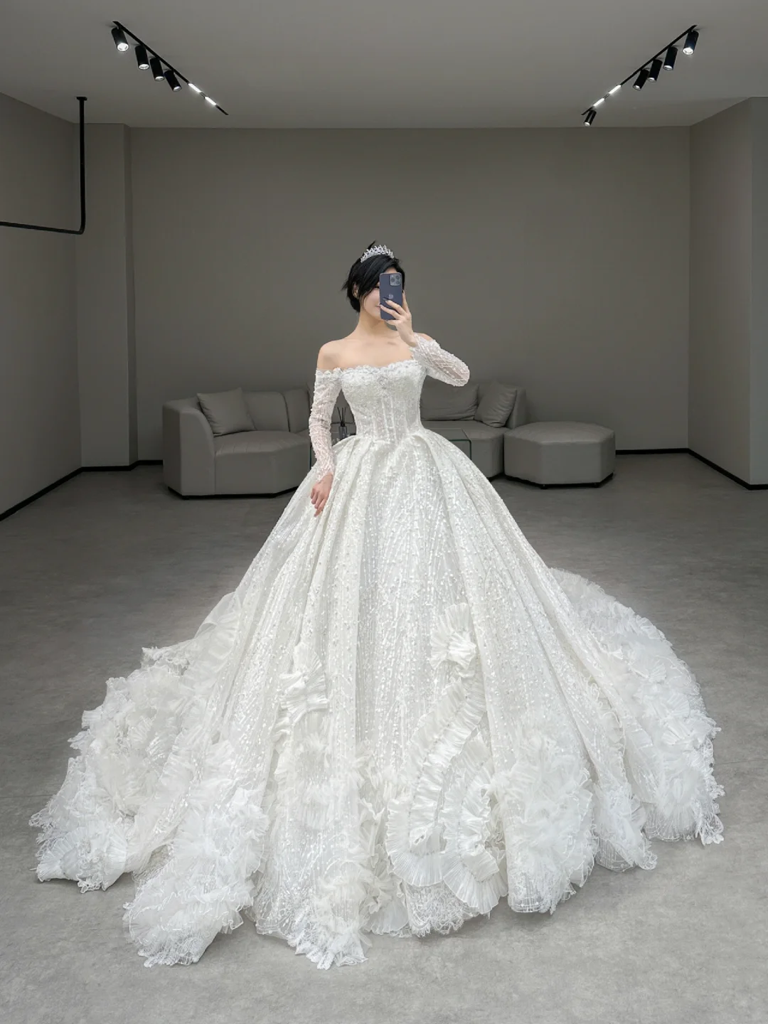 Dreamy Ball Gown Off The Shoulder Lace Long Sleeves Long Wedding Dresses