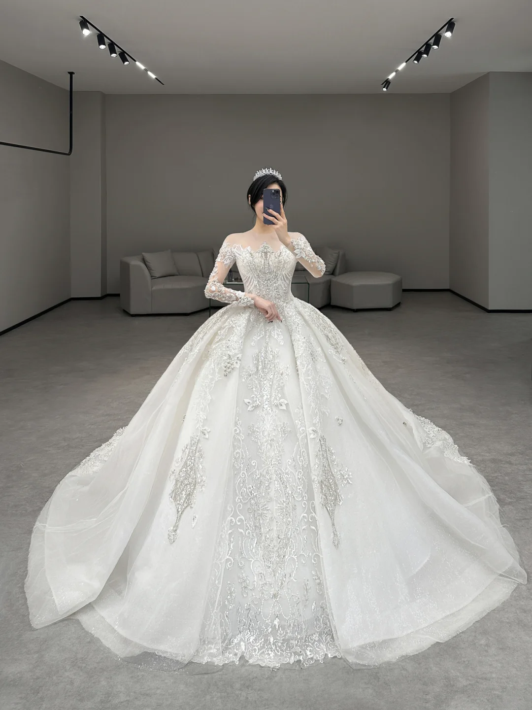Dreamy Ball Gown Off The Shoulder Tulle Lace Long Sleeves Long Wedding Dresses