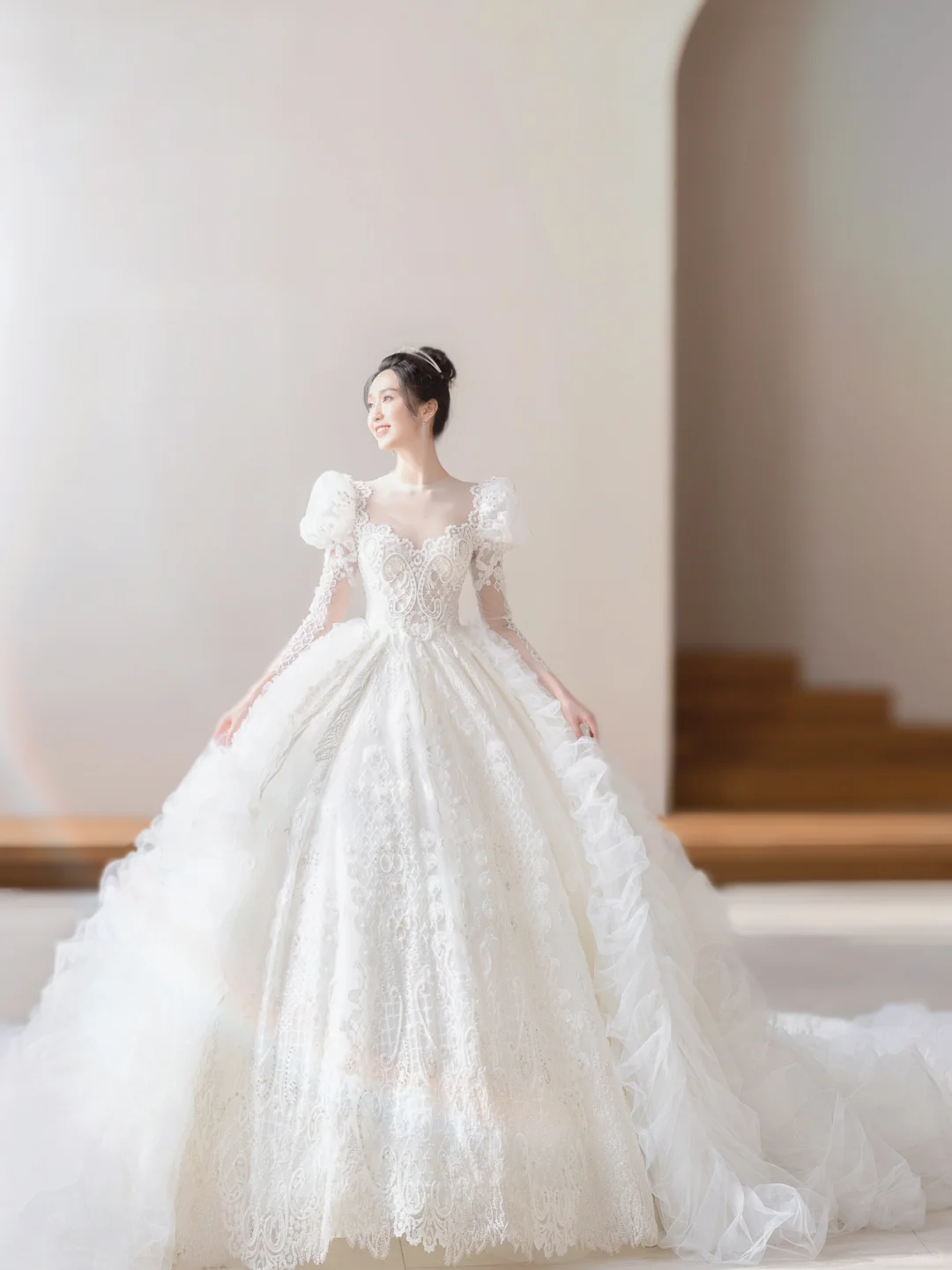 Timeless Ball Gown Tulle Lace Applique Long Sleeves With Veil Long Wedding Dresses - View 6 | FashionDia