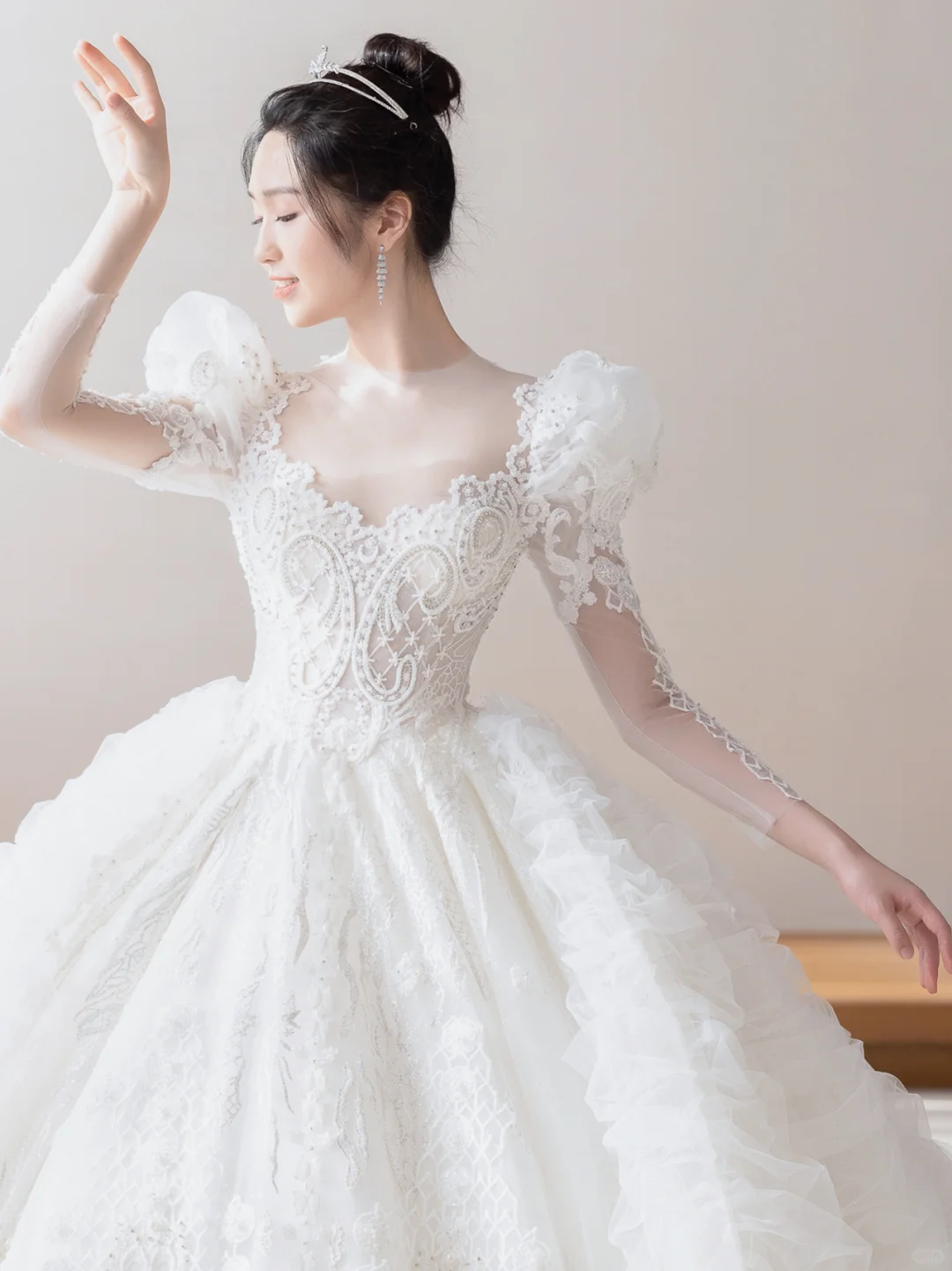 Timeless Ball Gown Tulle Lace Applique Long Sleeves With Veil Long Wedding Dresses - View 7 | FashionDia