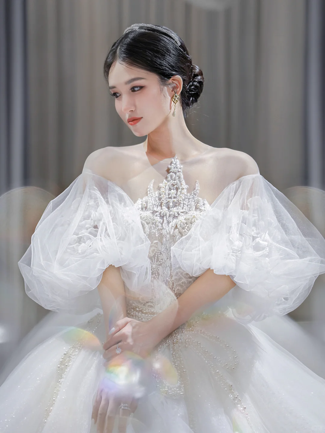 Pretty Ball Gown Tulle Lace Applique Short Sleeves Long Wedding Dresses - View 3 | FashionDia