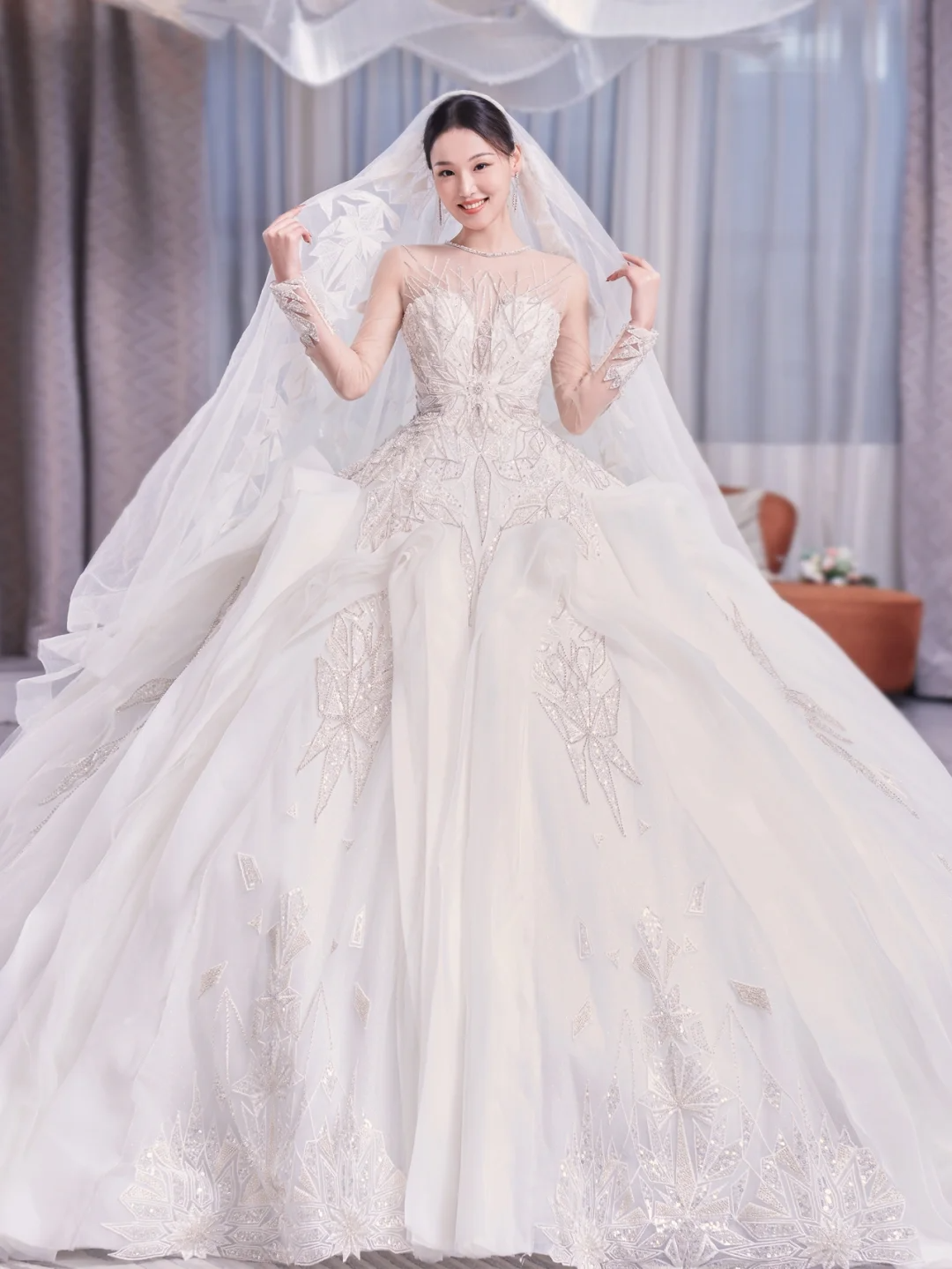 Timeless Ball Gown Tulle Lace Long Sleeves With Veil Long Wedding Dresses