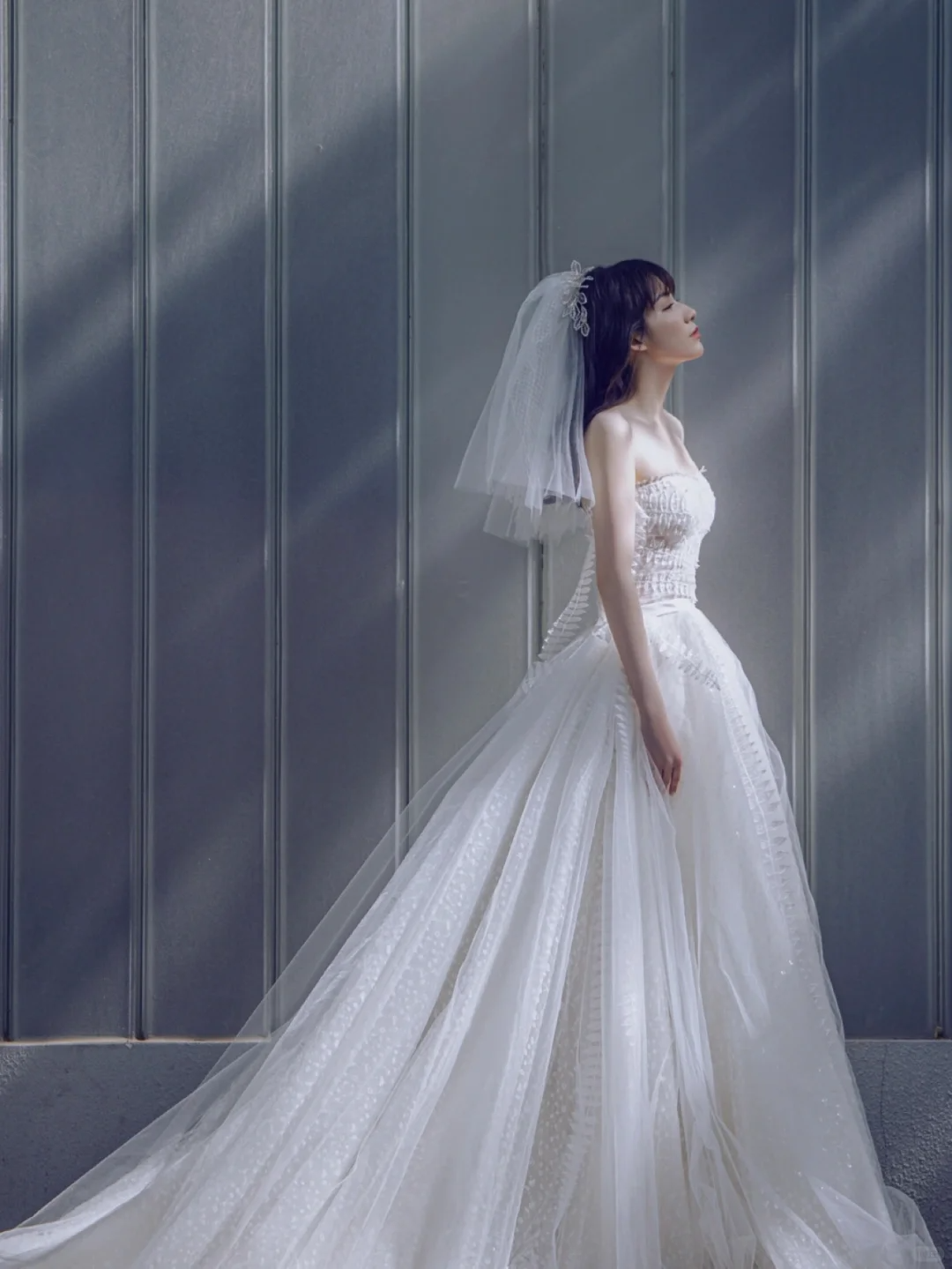 Unique Ball Gown Strapless Tulle Applique With Veil Long Wedding Dresses