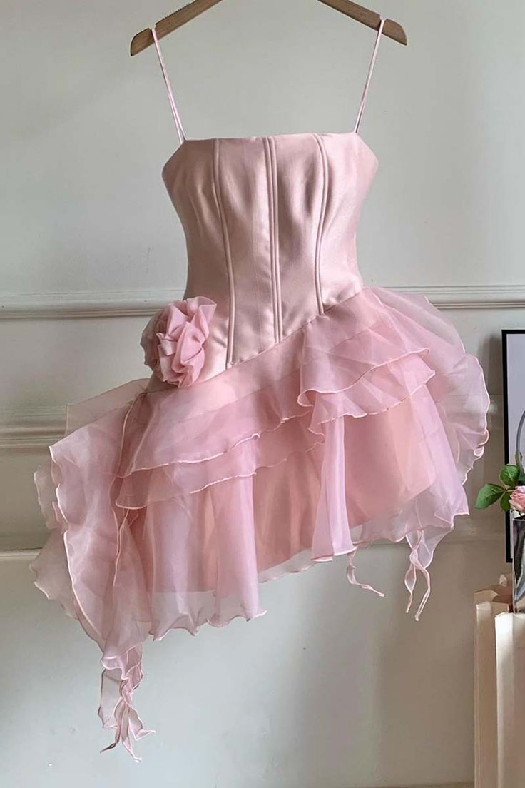Spaghetti Straps Sleeveless Floral Tulle Satin A-Line Mini Homecoming Dress