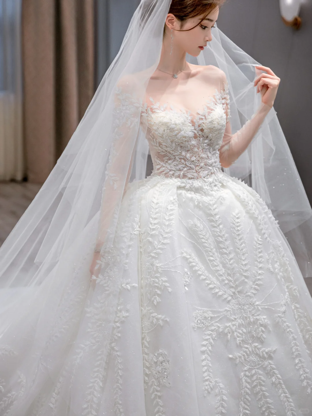 Dreamy Ball Gown Tulle Applique Long Sleeves With Veil Long Wedding Dresses