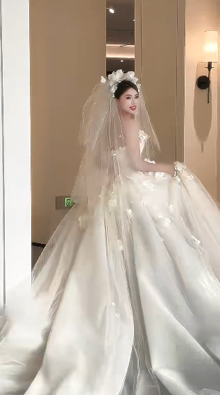 Pretty Ball Gown Strapless Satin Tulle Applique With Veil Long Wedding Dresses - View 4 | FashionDia