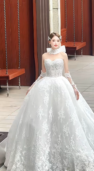 Sweet Ball Gown Strapless Tulle Lace With Sleeves Veil Long Wedding Dresses