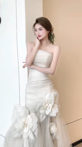 Unique Mermaid Strapless Tulle Flowers Applqiue Long Wedding Dresses - View 2 | FashionDia
