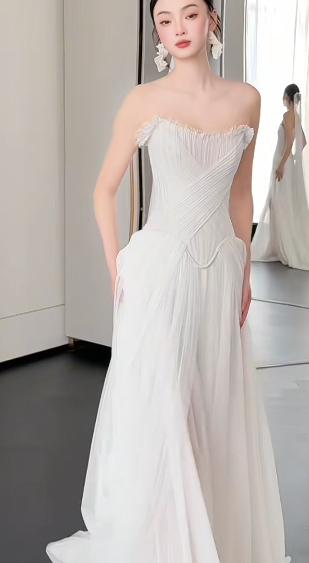 Elegant A Line Strapless Chiffon Tulle With Veil Long Wedding Dresses