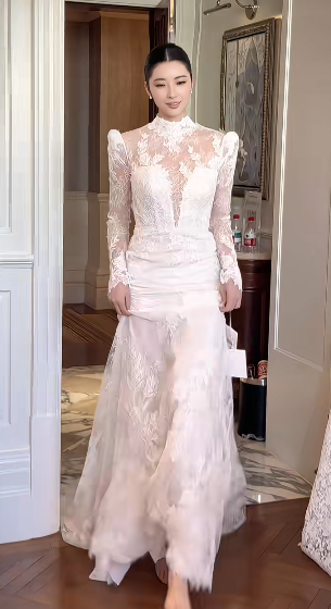 Dreamy Mermaid White Satin Tulle Lace Long Sleeves Long Wedding Dresses