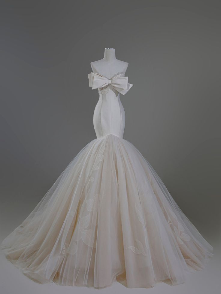 Dreamy Mermaid Strapless Satin Tulle Bow Long Wedding Dresses