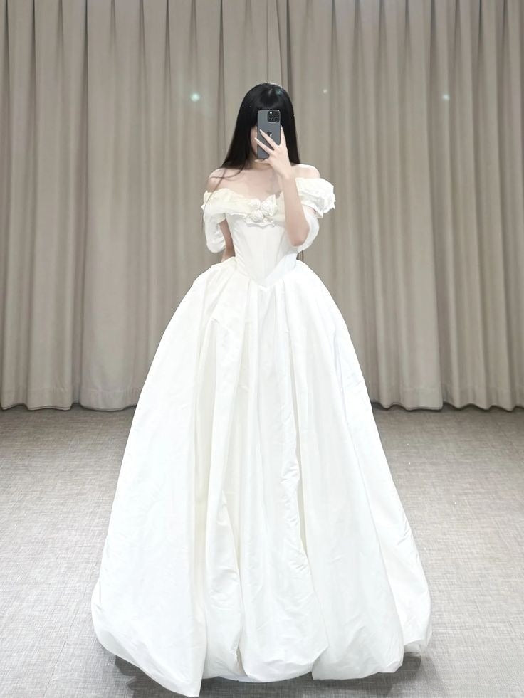 Elegant Ball Gown Off The Shoulder Satin Long Wedding Dresses