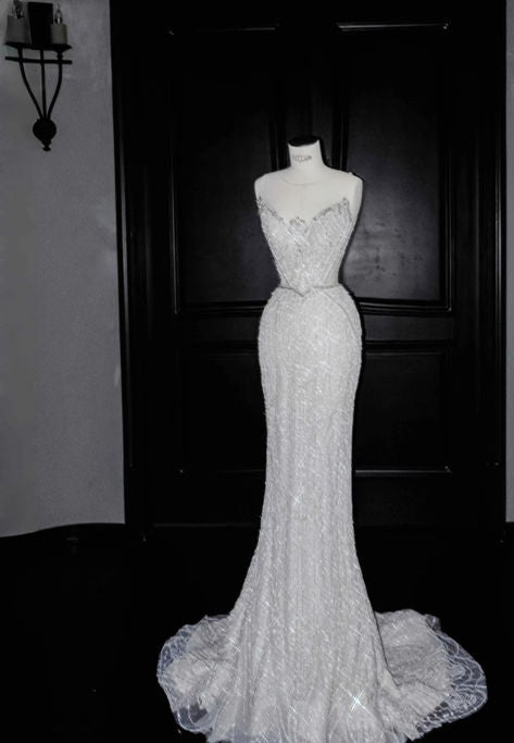 Timeless Mermaid Srapless Tulle Lace Sequin Baeded Long Wedding Dresses