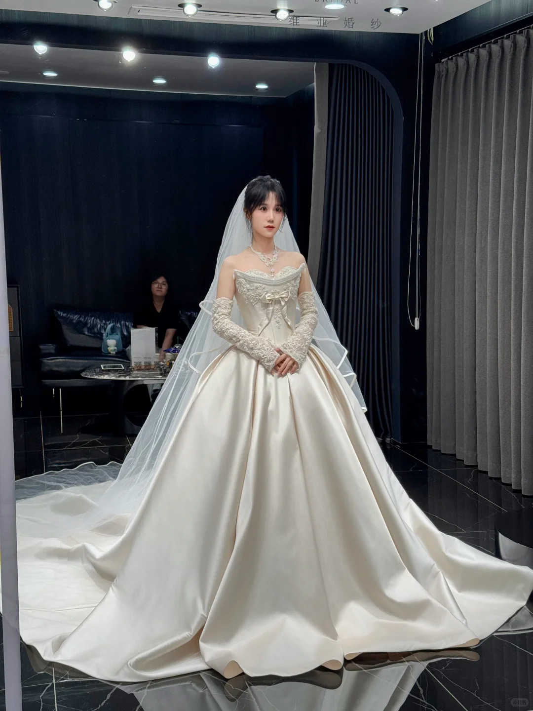 Dreamy Ball Gown Strapless Satin Applique With Veil Sleeves Long Wedding Dresses