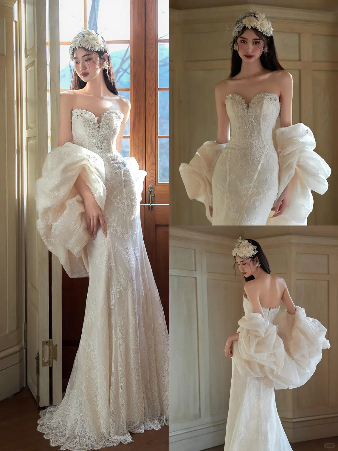 Stunning Mermaid Strapless Tulle Lace Long Wedding Dresses