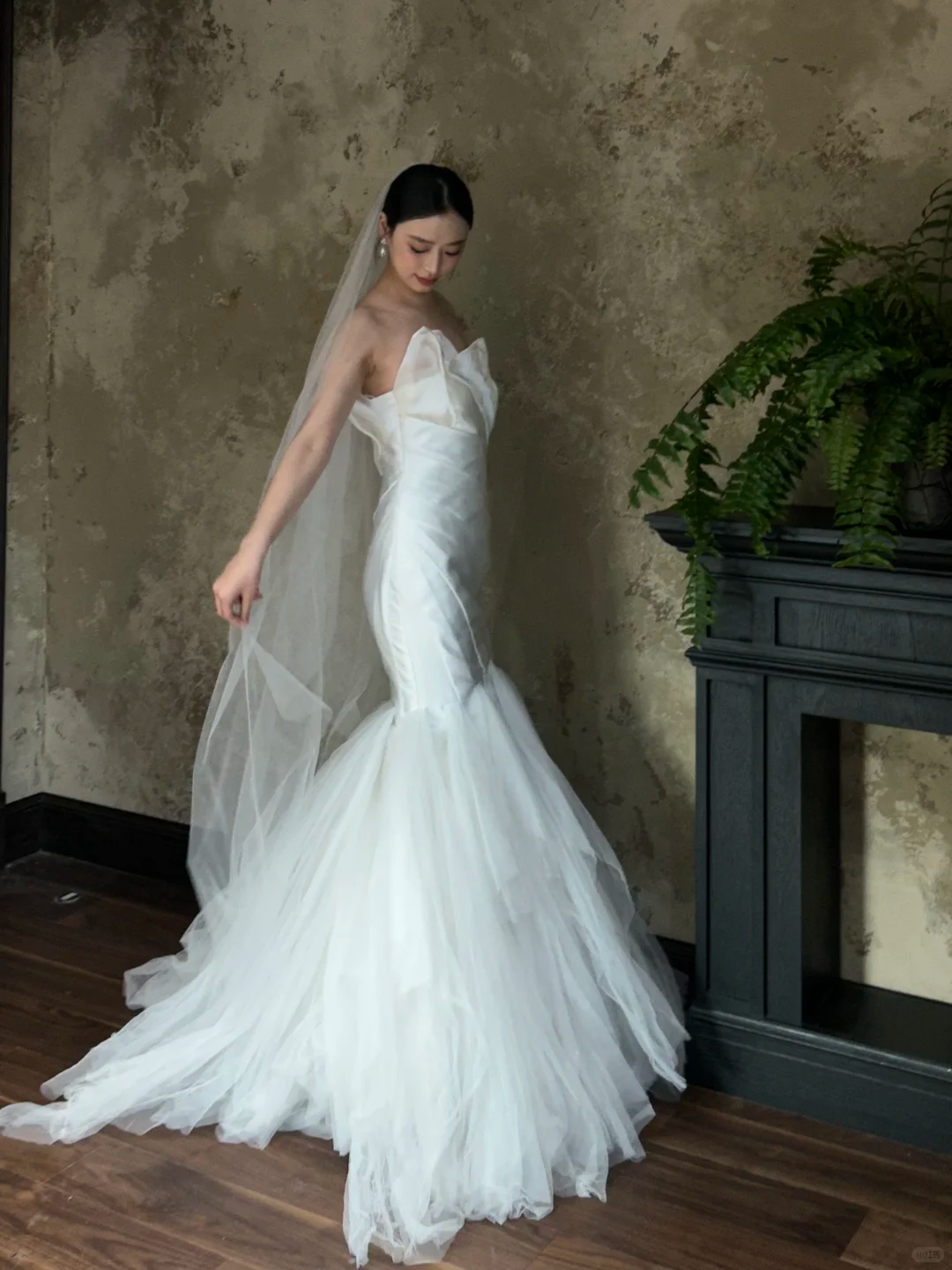 Dreamy Mermaid Strapless Satin Tulle With Veil Long Wedding Dresses