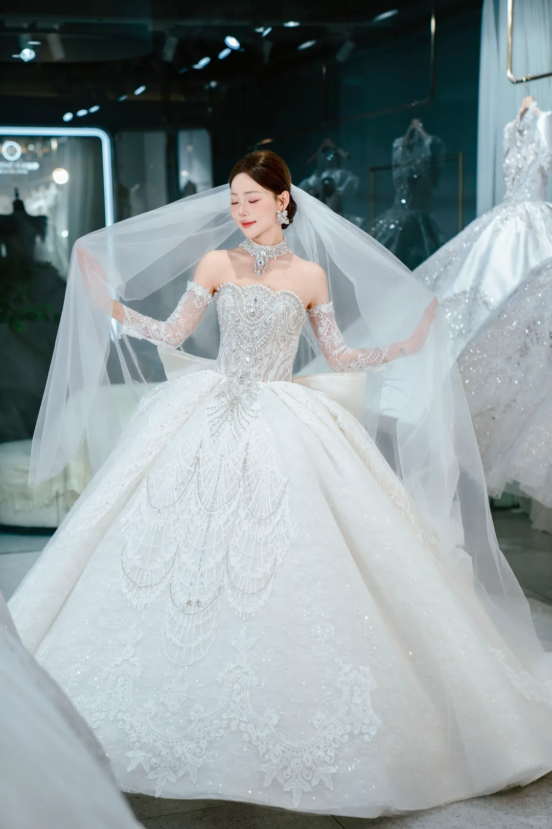 Timeless Ball Gown Strapless Tulle Sequin Beaded With Sleeves Veil Long Wedding Dresses