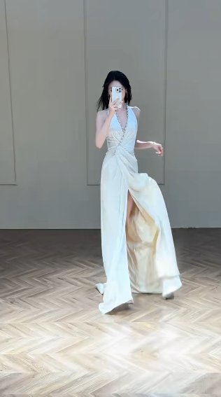 Dreamy A Line Halter Satin Slit Long Wedding Dresses