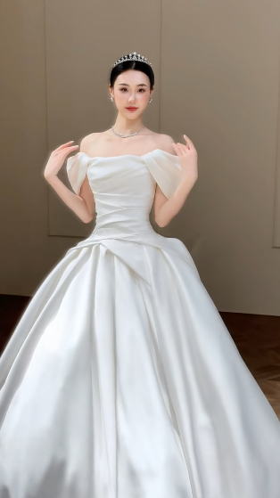 Elegant Ball Gown Off-the-Shoulder Satin Long Wedding Dresses - View 3 | FashionDia