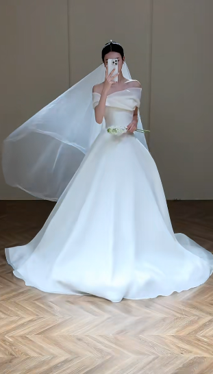 Elegant Ball Gown Off The Shoulder Satin With Veil Long Wedding Dresses
