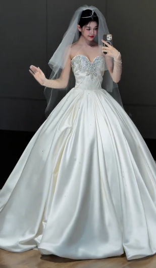 Timeless Ball Gown Strapless Satin Beaded With Veil Long Wedding Dresses