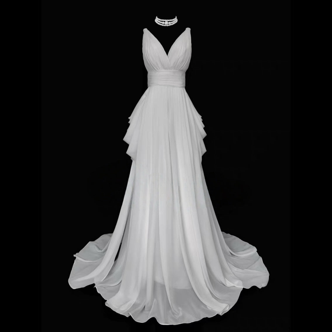 V-Neck A-Line White Long Evening Dress Chiffon Wedding Dress