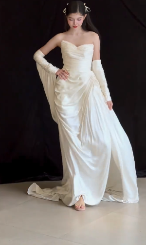Unique A Line Strapless Satin With Sleeves Long Wedding Dresses