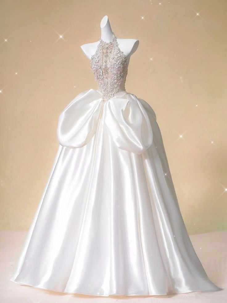 Pretty Ball Gown Halter Satin Long Wedding Dresses