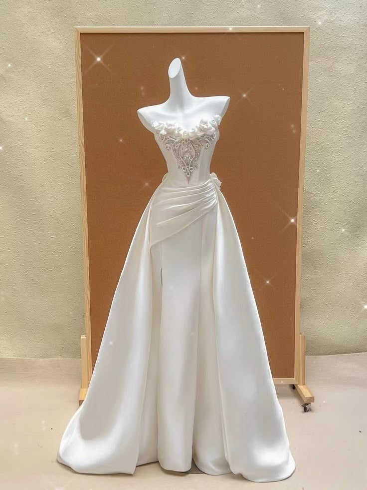 Elegant A Line Strapless Satin Long Wedding Dresses