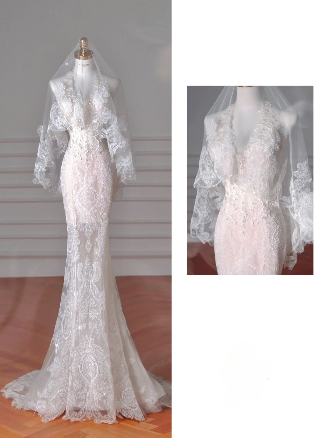 Dreamy Mermaid Halter Tulle Lace With Veil Long Wedding Dresses