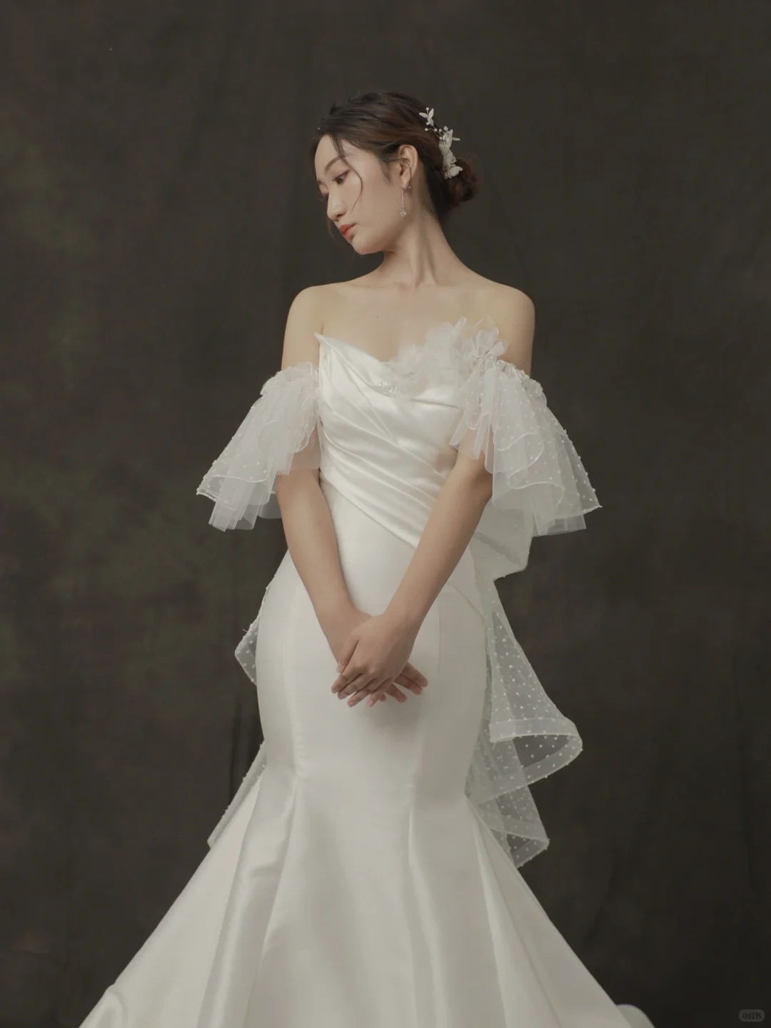 Pretty Mermaid Off-the-Shoulder Satin Tulle Long Wedding Dresses - View 2 | FashionDia