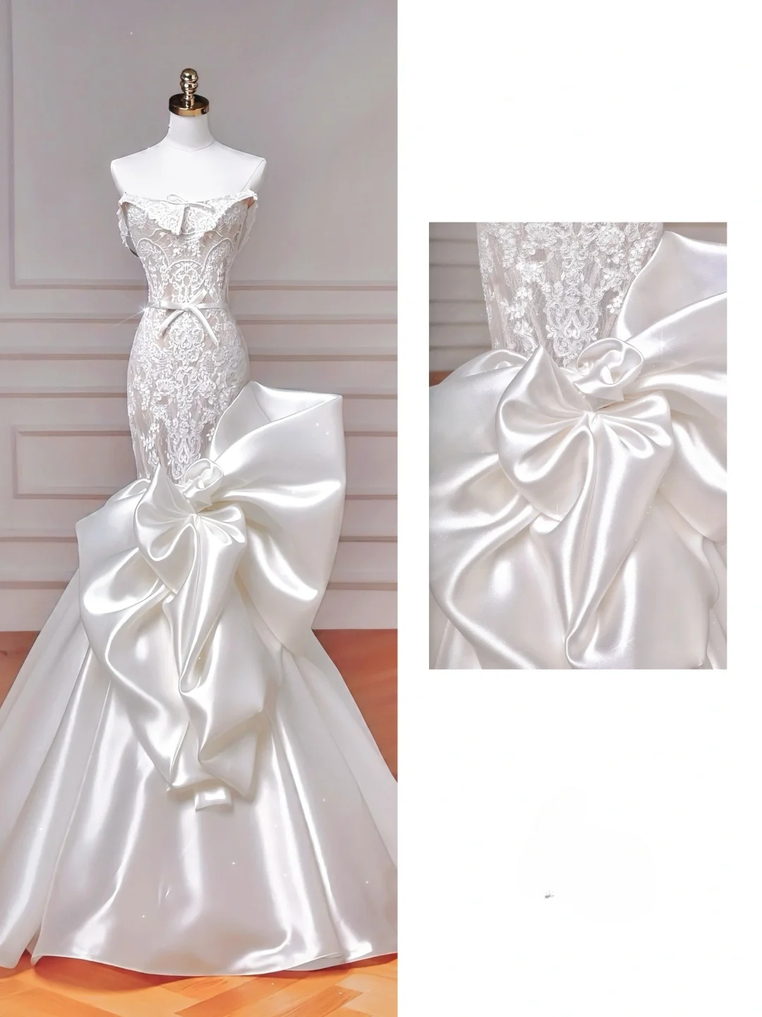 Stunning Mermaid Strapless Satin Lace Long Wedding Dresses