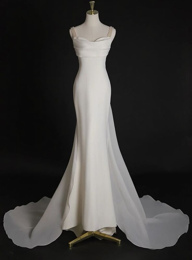 Simple Elegant Mermaid Spaghetti Straps Satin Chiffon Long Wedding Dresses