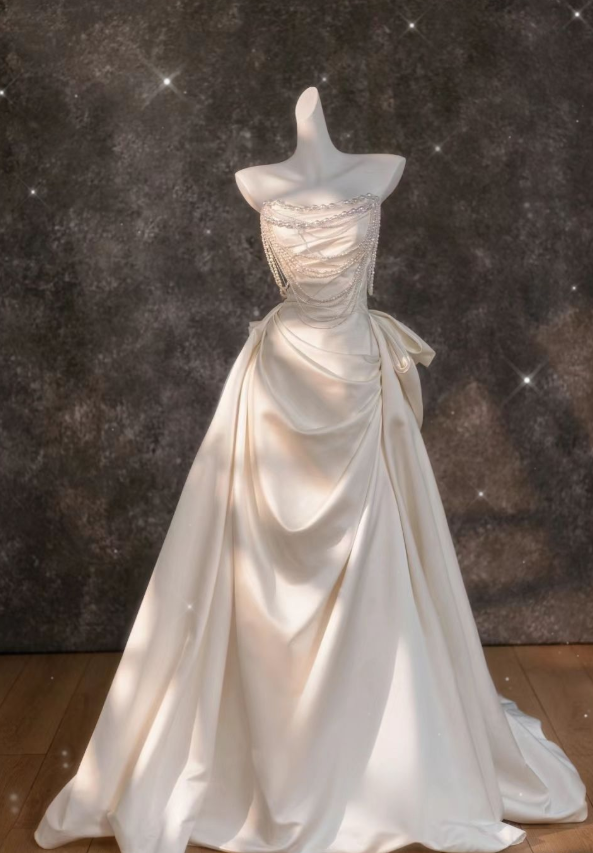 Dreamy A Line Strapless Satin Beads Long Wedding Dresses