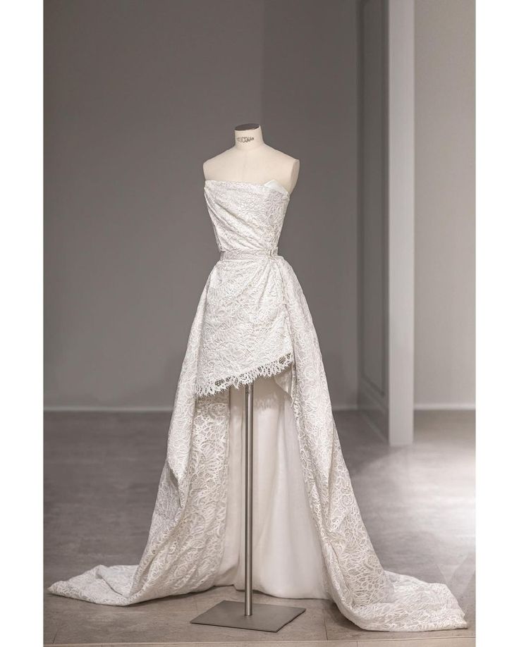 Unique A Line Strapless Satin Lace High-Low Long Wedding Dresses