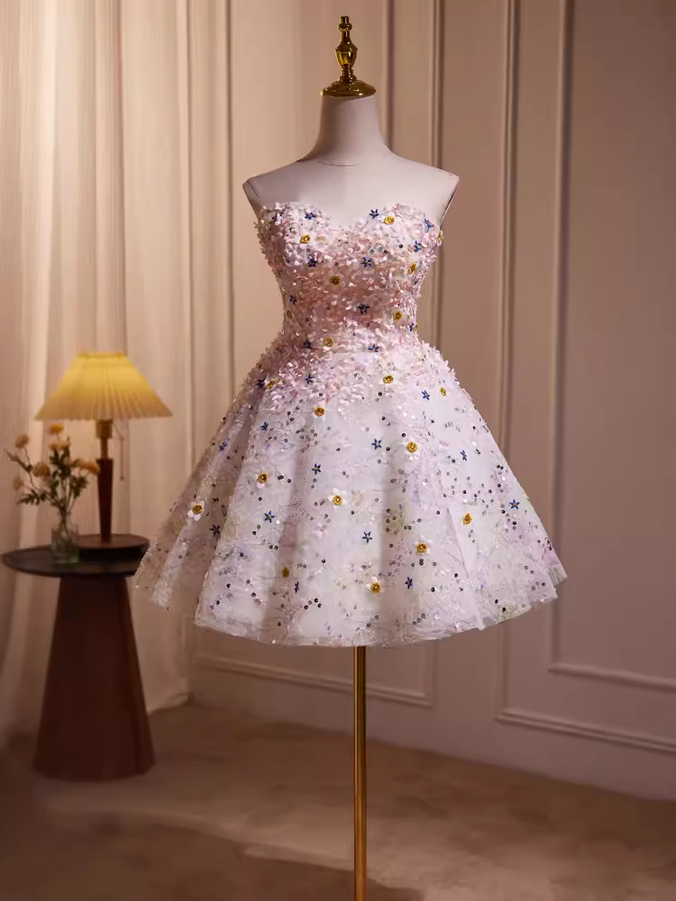 Elegant Ball Gown Strapless Sequin Party Dress Pink Homecoming Dresses - FashionDia