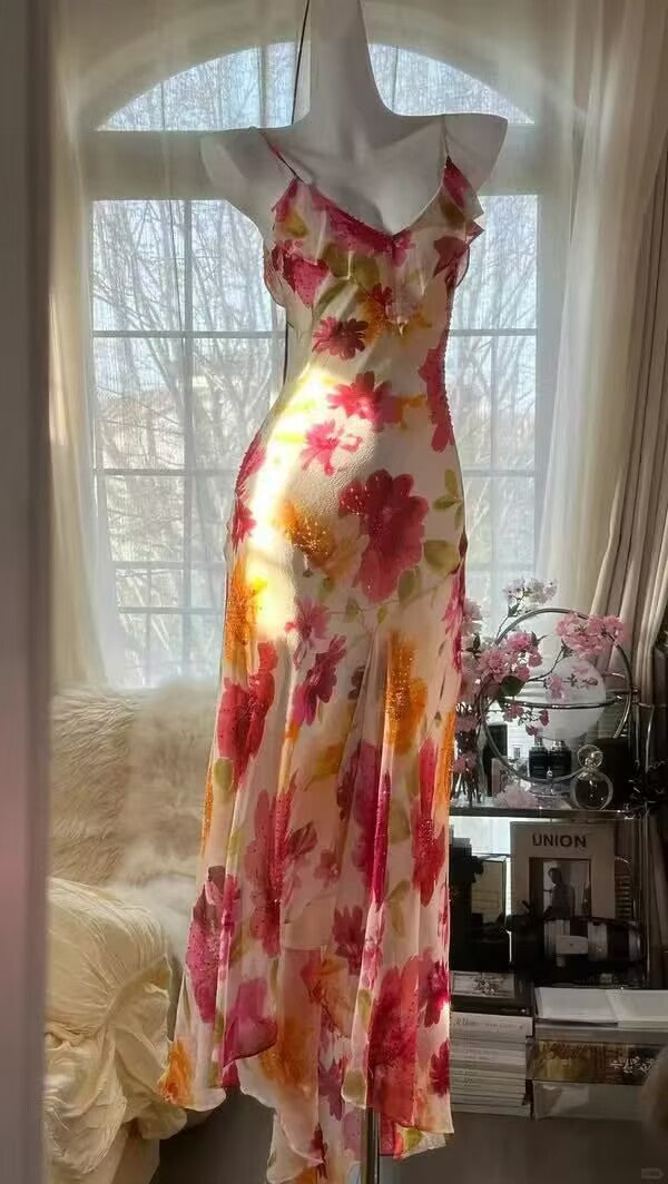 Sexy Mermaid Spaghetti Straps Chiffon Printed Flowers Beads Long Prom Dresses Formal Dress - FashionDia