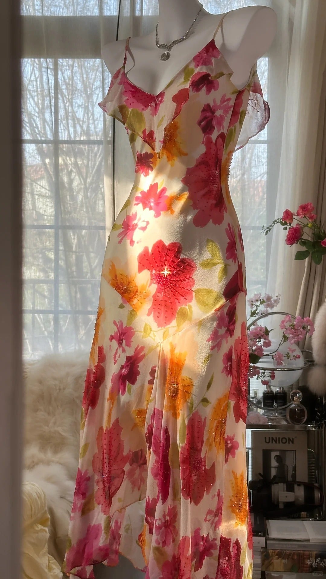 Sexy Mermaid Spaghetti Straps Chiffon Printed Flowers Beads Long Prom Dresses Formal Dress - View 4 | FashionDia