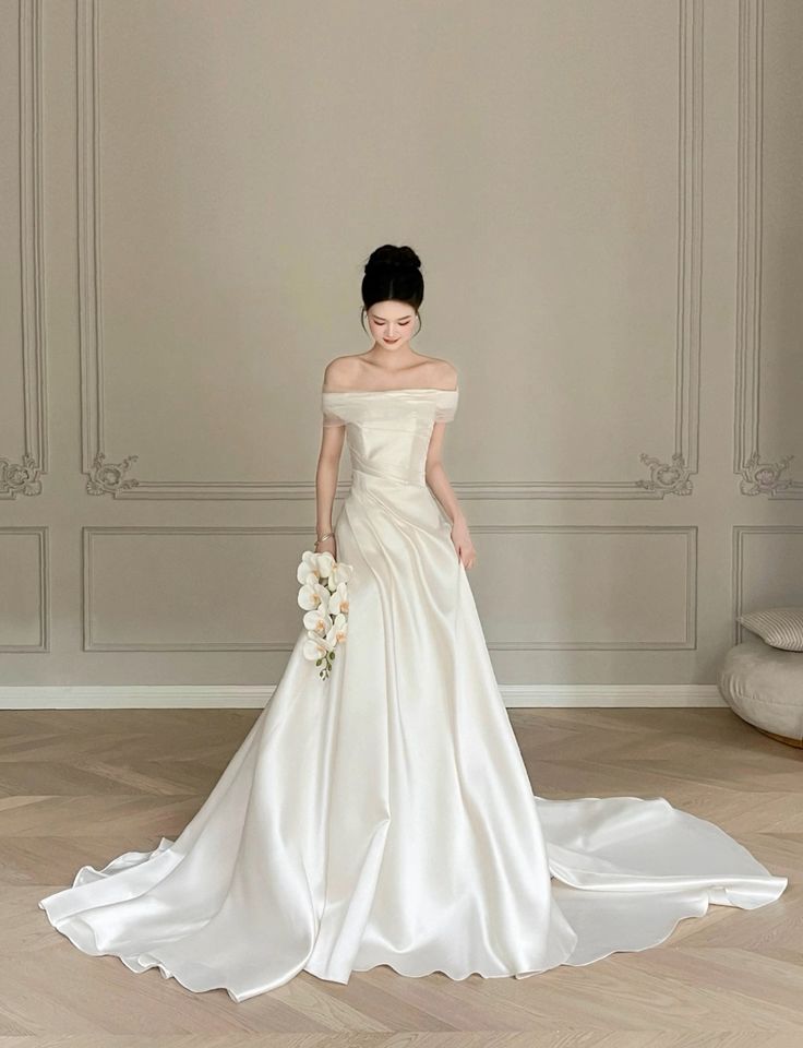 Elegant A Line Off The Shoulder Satin Long Wedding Dresses