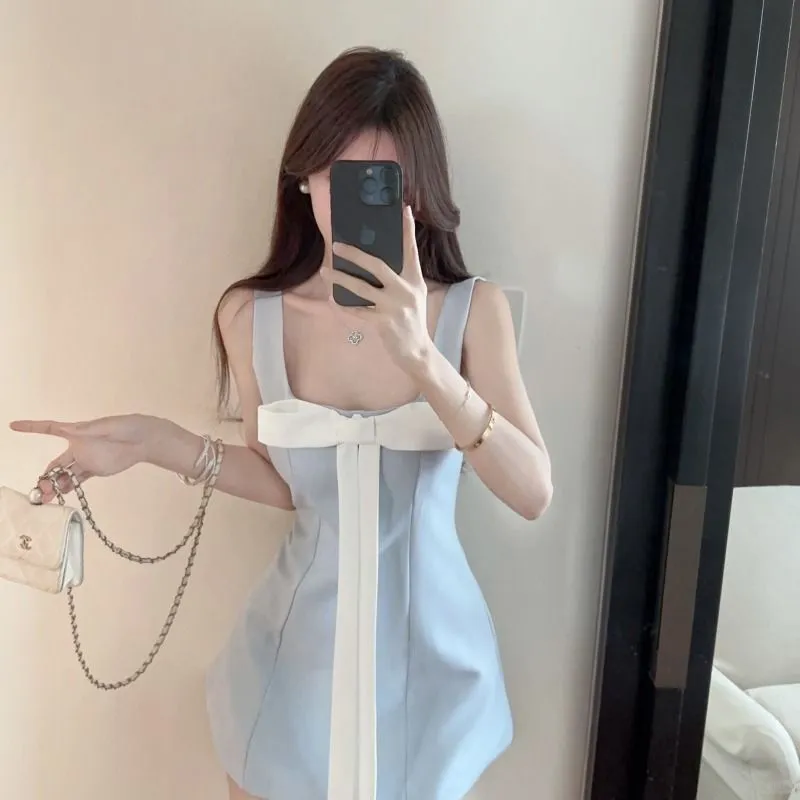 Cute Pale Blue A-Line Square Satin Bow Short Homecoming Dress 16th Birthday Outfits - FashionDia