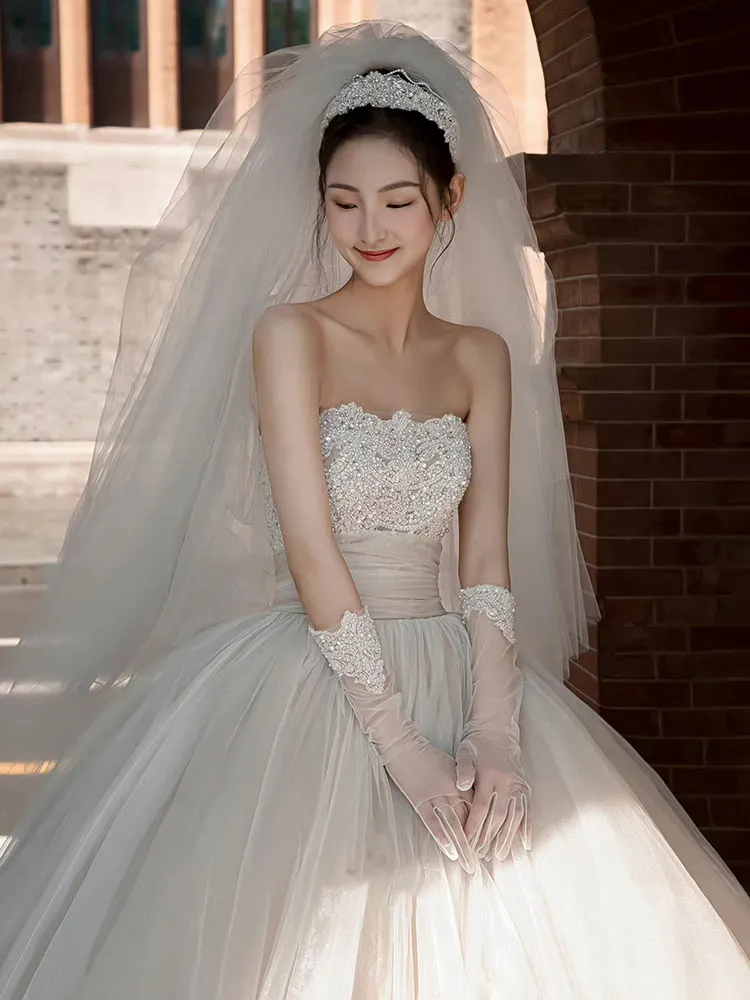 Timeless Ball Gown Strapless Tulle Beads With Gloves Veil Long Wedding Dresses