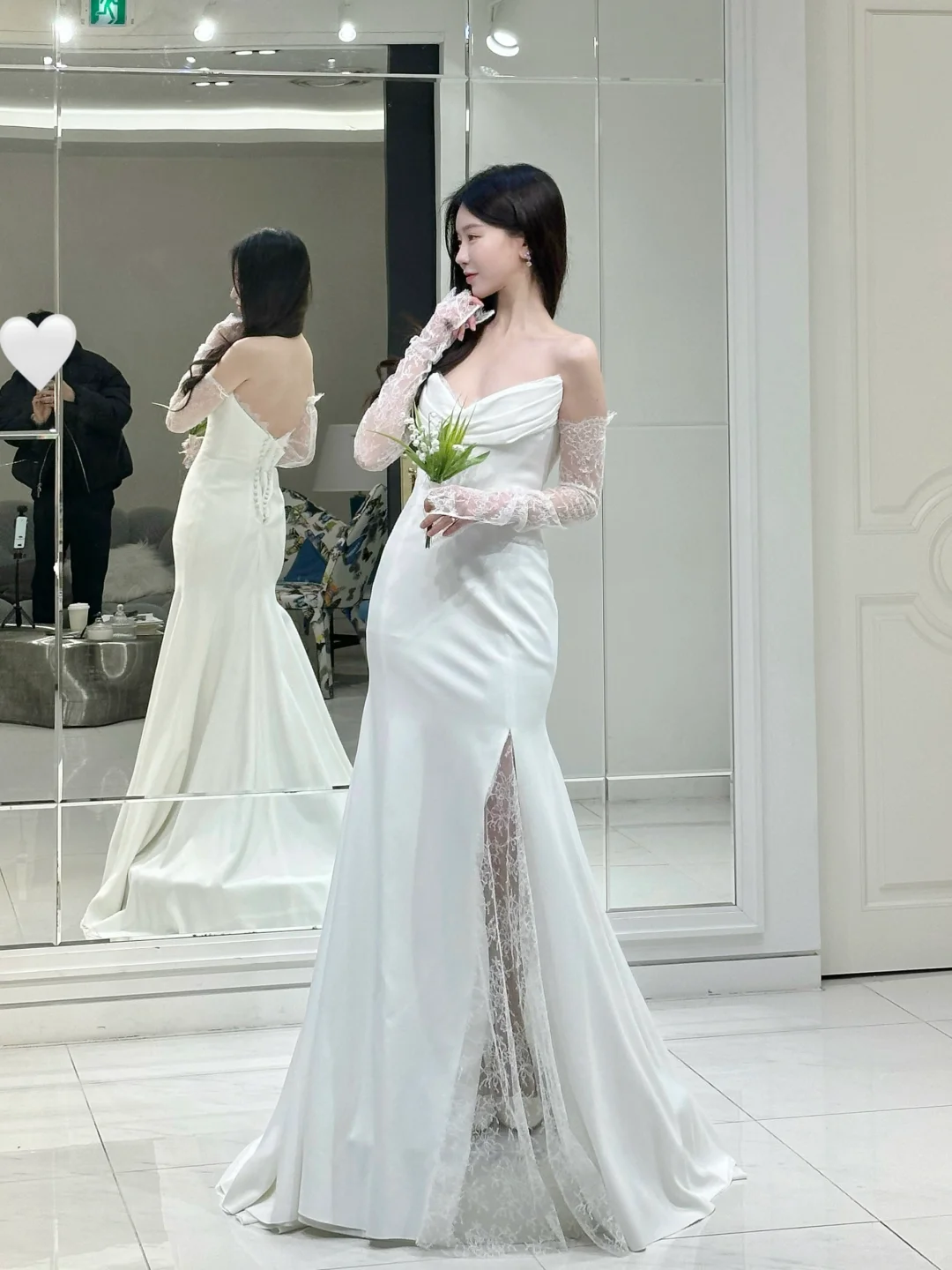 Classy Mermaid Strapless Satin Lace With Sleeves Long Wedding Dresses