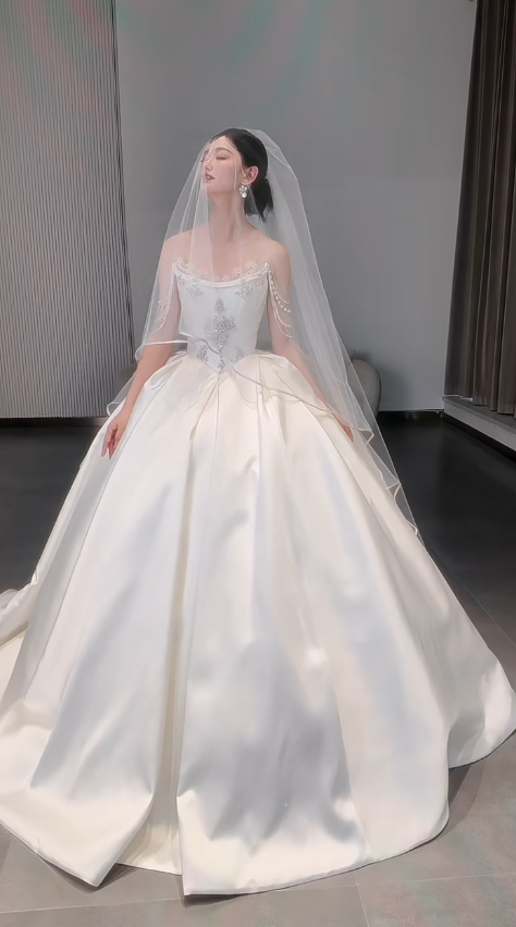Timeless Ball Gown Off The Shoulder Satin Beads With Veil Long Wedding Dresses
