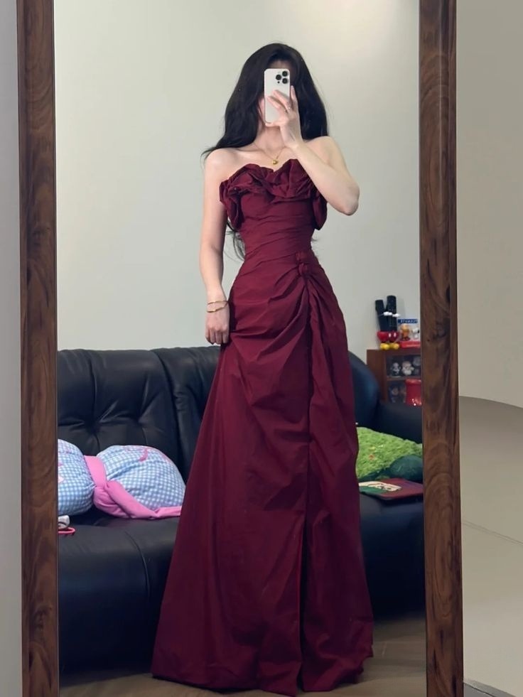 Elegant A-Line Strapless Burgundy Satin Long Prom Dresses Formal Dress - FashionDia