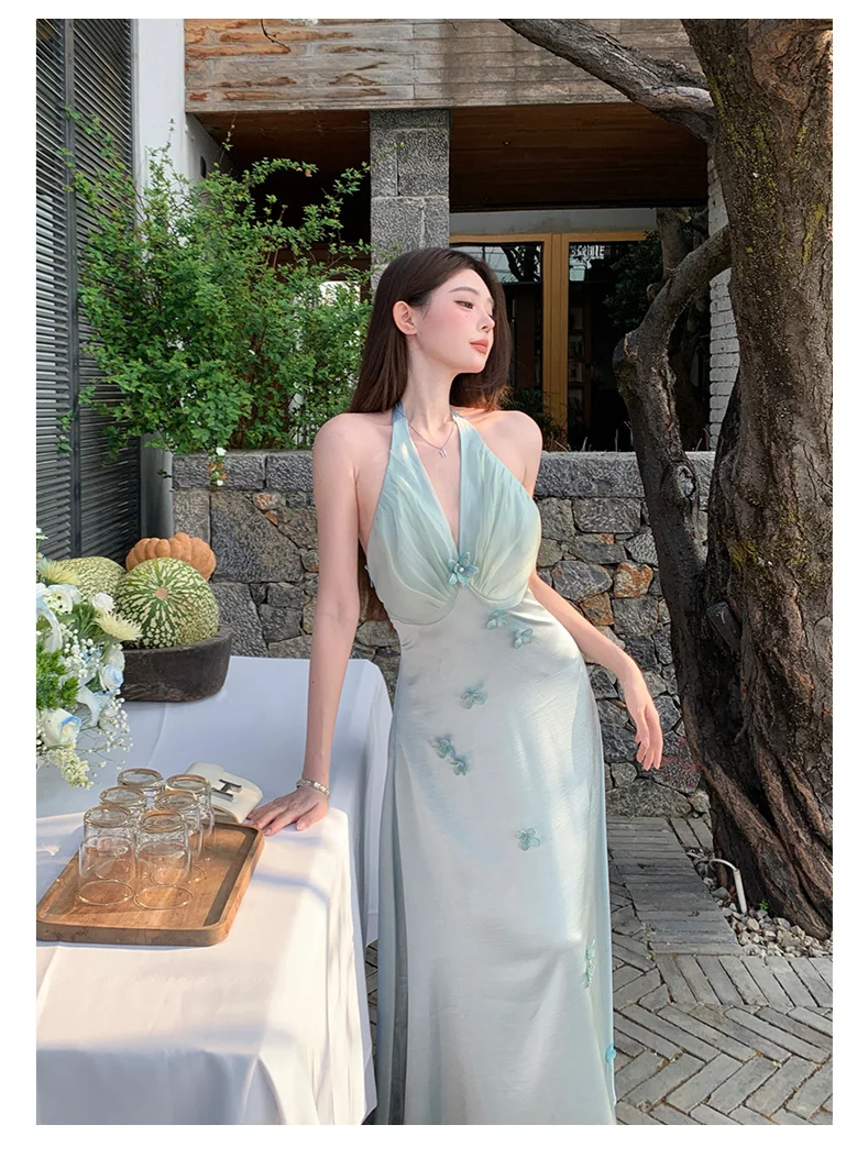 Chic A-Line Halter Satin Chiffon Long Prom Dresses Formal Dress - FashionDia