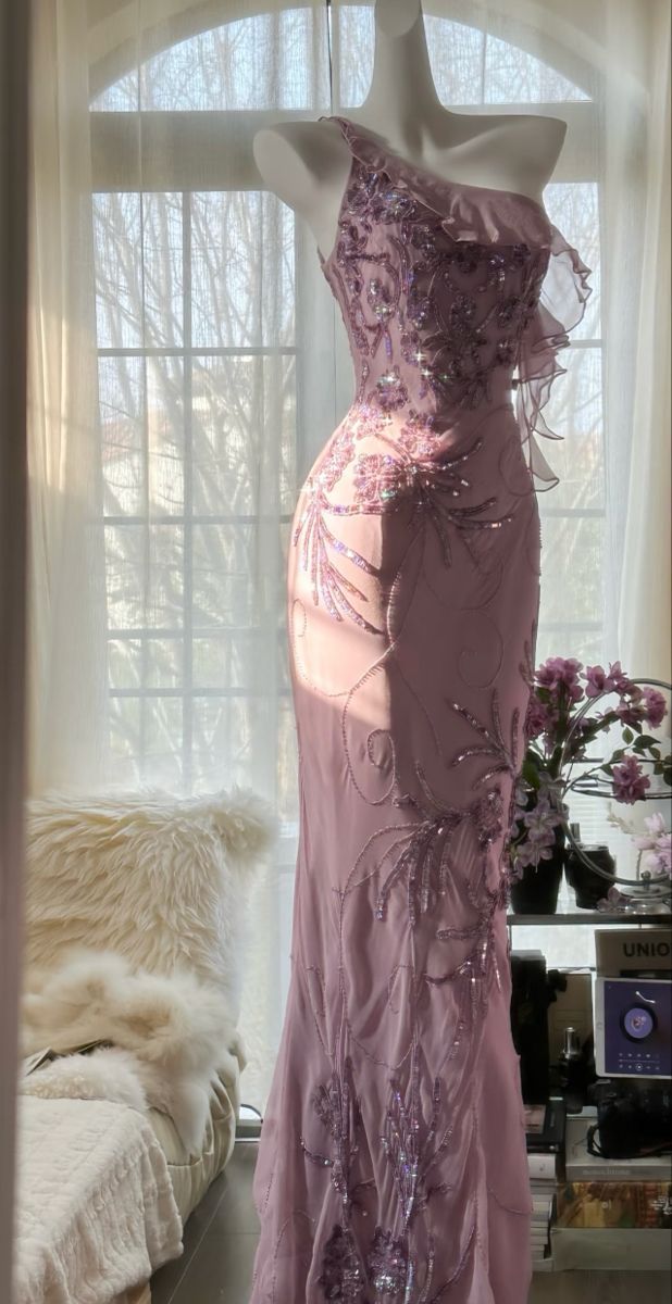 Pretty Mermaid One Shoulder Chiffon Sequin Long Prom Dresses Formal Dress