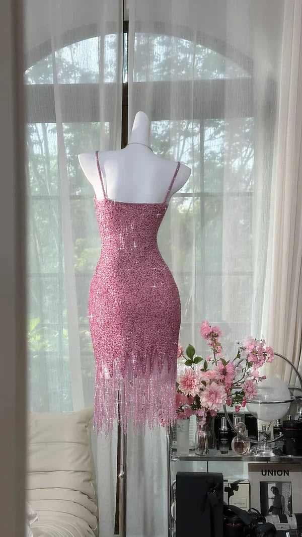 Sparkly Pink Mermaid Spaghetti Straps Sequin Tassel Short Homecoming Dress 19th Birthday Outfits