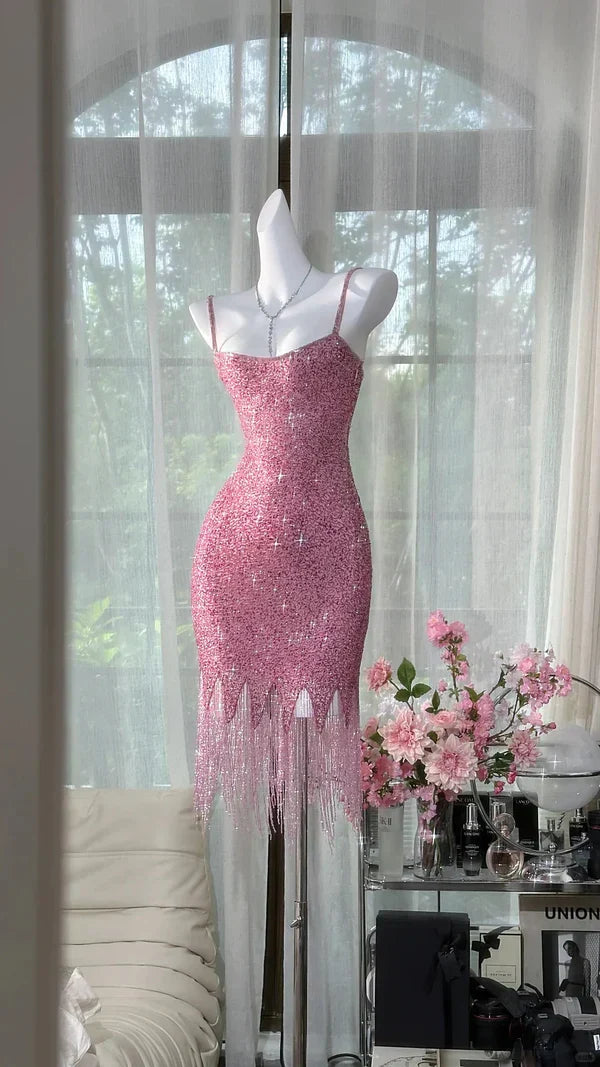 Sparkly Pink Mermaid Spaghetti Straps Sequin Tassel Short Homecoming Dress 19th Birthday Outfits