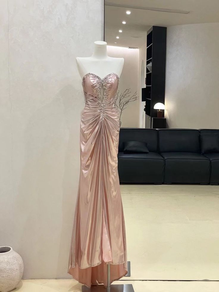 Chic Mermaid Strapless Pink Satin Beads Pleated Long Prom Dresses Formal Dress - FashionDia