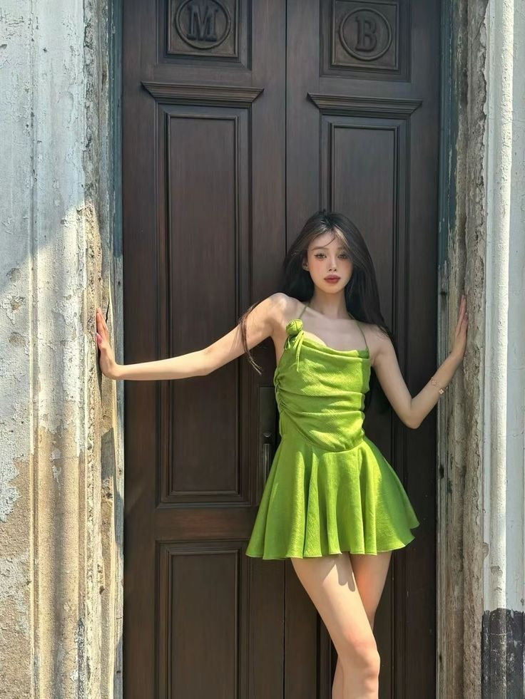 Cute A-Line Halter Green Satin Short Homecoming Dress 16th Birthday Outfits - FashionDia